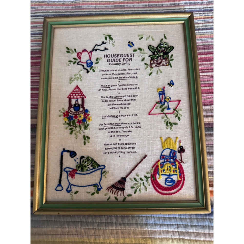 Vtg Crewel Houseguest Guide for Country Living Framed Embroidery Sampler Decor